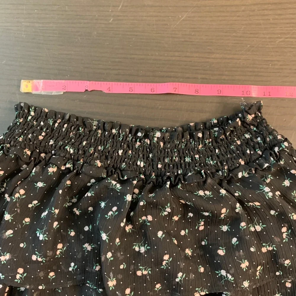 H&M Divided Black Floral Tiered Ruffle Mini Skirt Smocked Waist Small Whimsigoth
